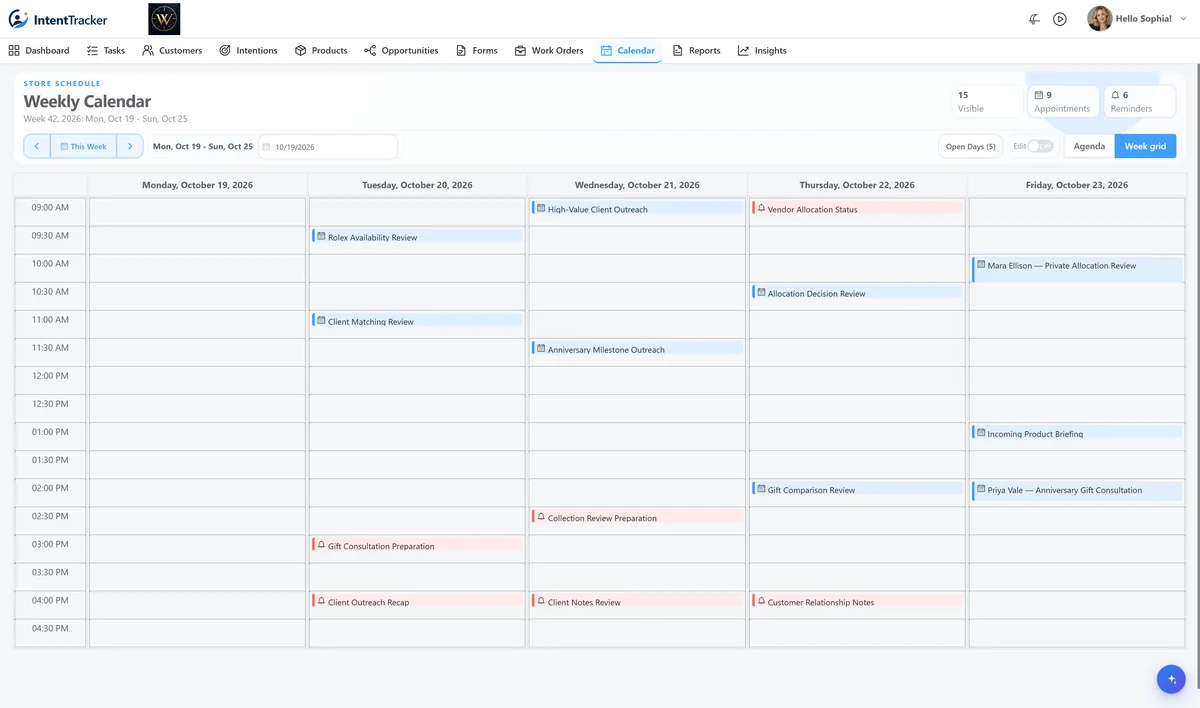Weekly store calendar with appointments and follow-up reminders