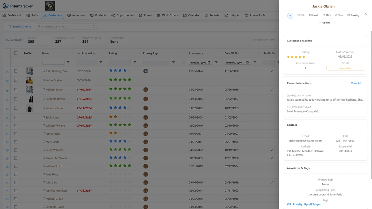 Customer brief with relationship rating, recent interactions, and contact details beside the customer list
