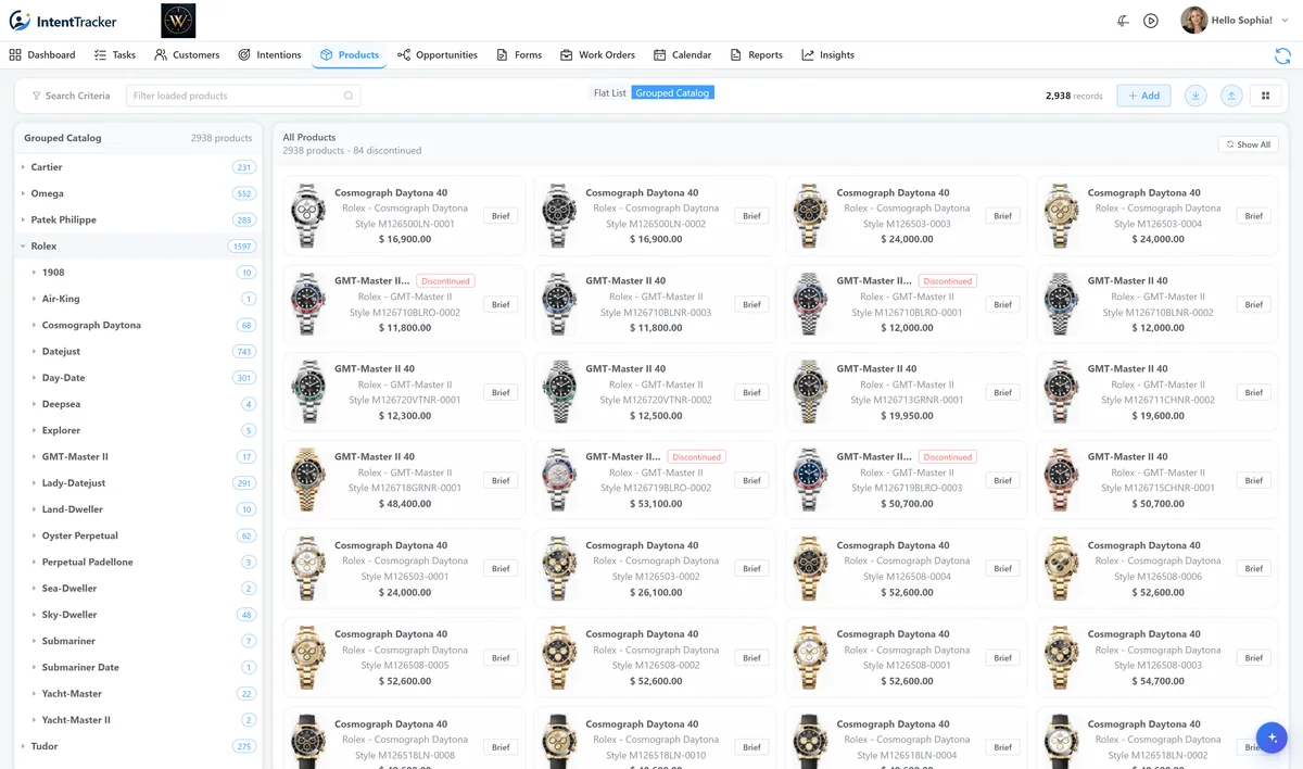 Grouped watch catalog with brand navigation, product images, reference numbers, and prices